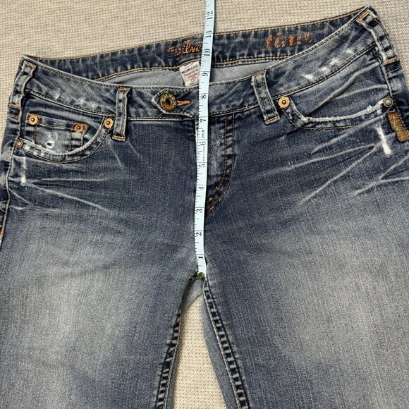 Silver Jeans Womens Blue Distressed Denim Tina Bootcut Double Button Waist Sz 32 - Picture 13 of 16